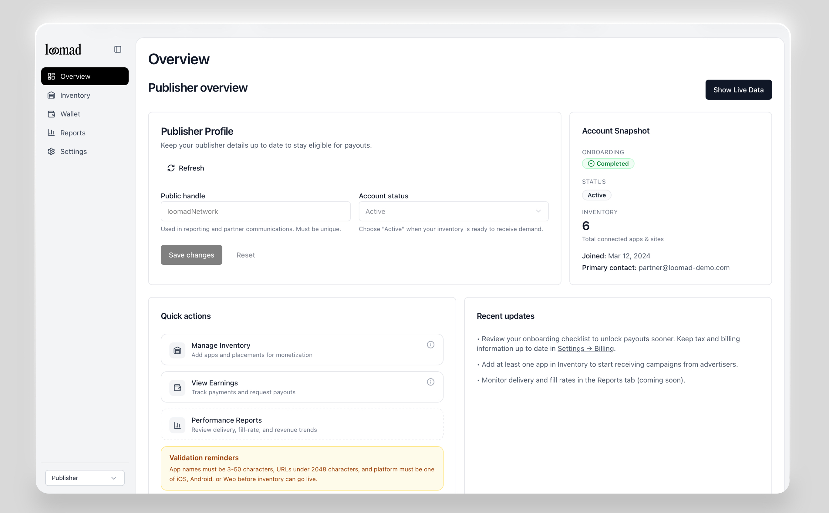 Loomad publisher dashboard preview
